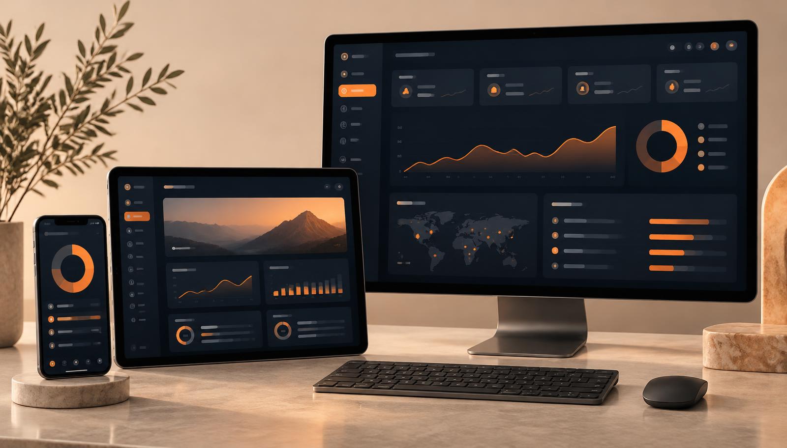 Progressive web app displayed across mobile tablet and desktop