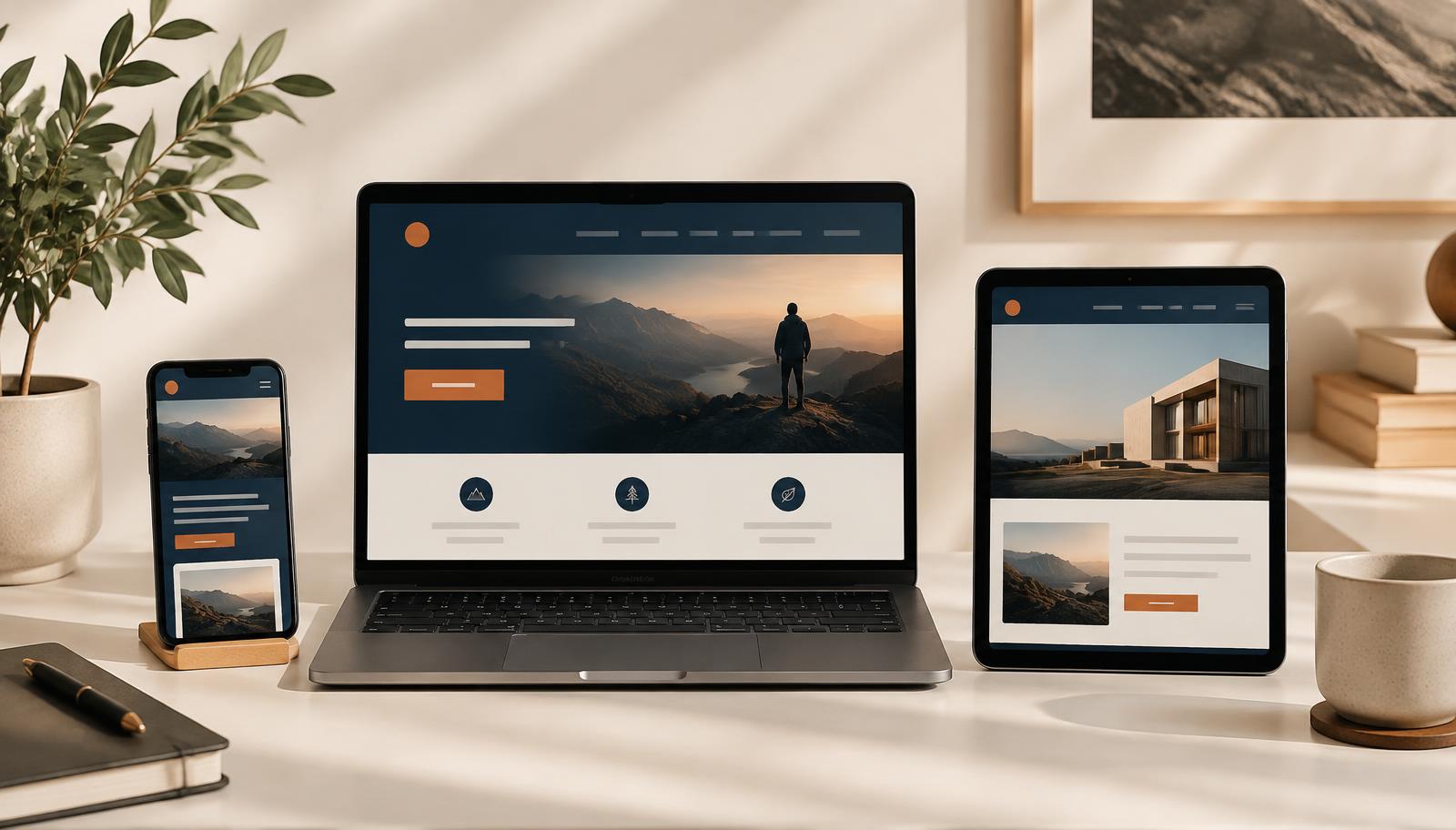 Professional business website displayed across desktop tablet and mobile